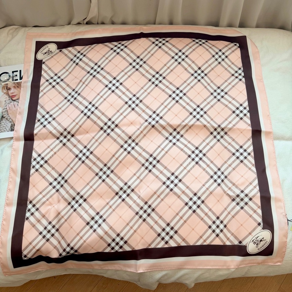 Burberry Women's Peach Plaid Square Scarf with Dark Border